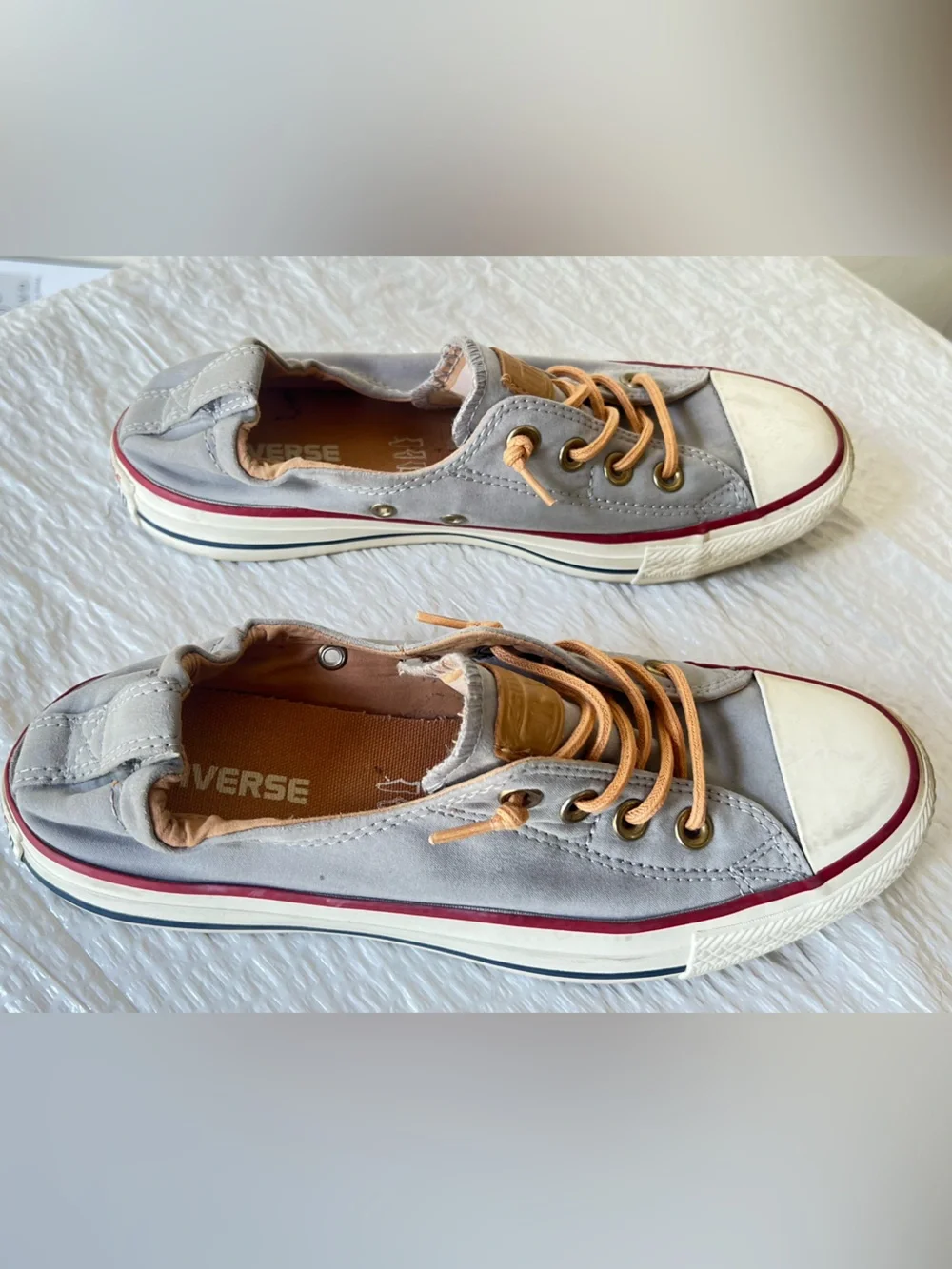 Converse Low-Top Sneakers in Light Gray with Tan and Red Trim